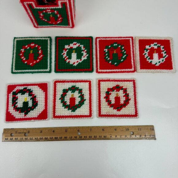 7 Vintage Christmas Holiday Plastic Canvas Coasters w Holder Yarn Candle Design - Picture 6 of 11